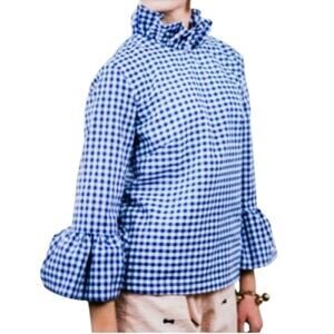 Elizabeth Wilson Ruffle Collar Top Womens Size L Blue White Gingham Bell Sleeve
